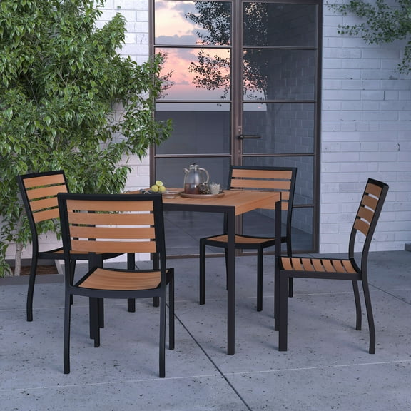 Merrick Lane 5 Piece Patio Table and Chairs Set Faux Teak Wood And Metal Indoor/Outdoor Table and Chairs with All-Weather Purpose