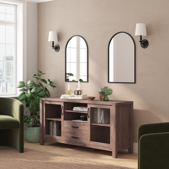 Merrick Lane 59 in. Two-Drawer Engineered Wood Buffet Sideboard Cabinet with Open Shelf, Two Tempered Glass Cabinet Doors for Dining Room/Kitchen - Brown