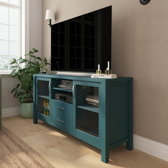 Merrick Lane 59 in. Two-Drawer Engineered Wood Buffet Sideboard Cabinet with Open Shelf, Two Tempered Glass Cabinet Doors for Dining Room/Kitchen - Teal