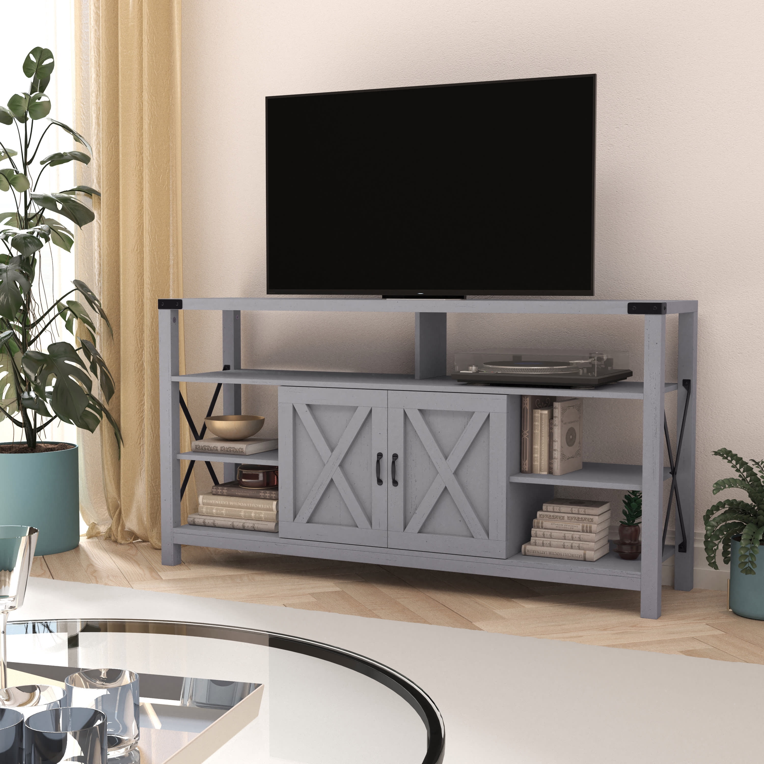 Coastal Gray 60" Rustic Media Console with Cabinet and Shelves
