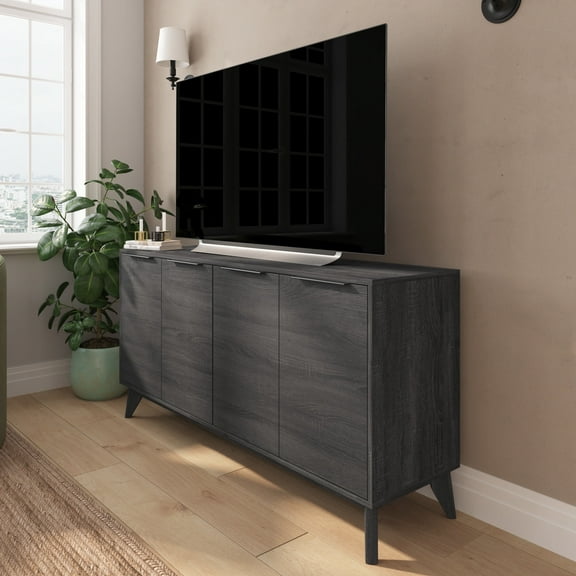 Merrick Lane 60" Mid-Century Modern TV Stand Made with Durable Engineered Wood in Black Wash Accommodates 55"- 64" TV's