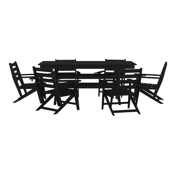 Merrick Lane 7 PC Adirondack 72" Rectangle Table and 6 Chairs with Fold Out Cupholders in Black Recycled HDPE
