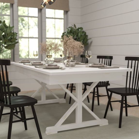 Merrick Lane 7' x 40" Rectangular Antique Rustic White Solid Pine Foldable Dining Table with Crisscross Legs