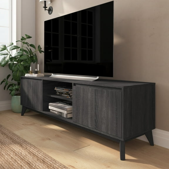 Merrick Lane 70" Mid-Century Modern TV Stand Made with Durable Engineered Wood in Black Wash Accommodates 65+" TV's