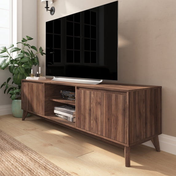 Merrick Lane 70" Mid-Century Modern TV Stand Made with Durable Engineered Wood in Dark Walnut Accommodates 65+" TV's