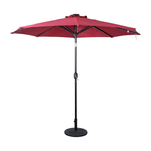 Merrick Lane 9 FT Round Solar Patio Umbrella with 32 LED Lights, Crank Handle and Push Button Tilt in Red