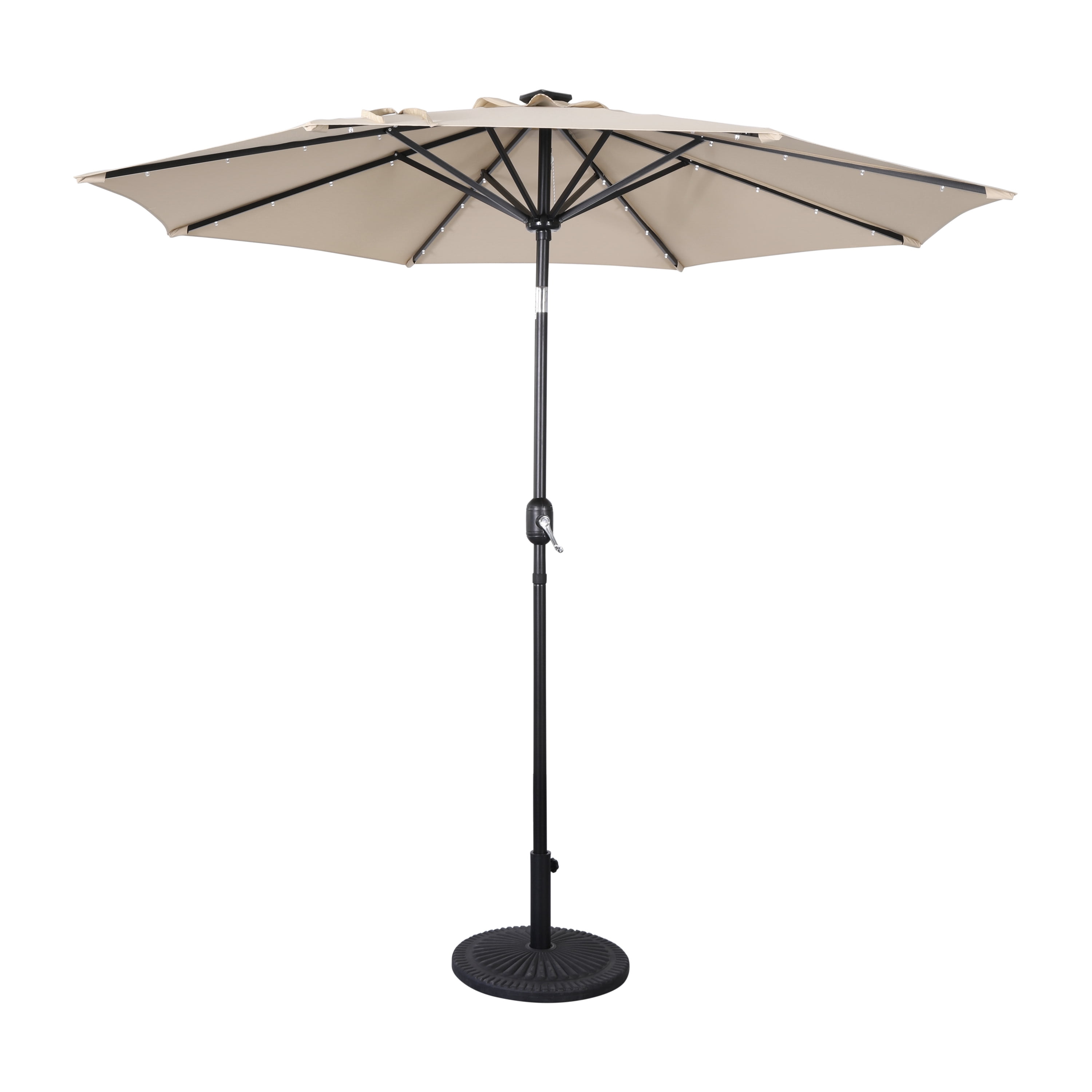9-foot round solar patio umbrella in salsa 9' with 32 Powered LED Lights, Push-Button Tilt and Hand Crank Lift, Solar Umbrella Navy for Porch, Deck, and Patio by Sun-Ray : Patio, Lawn Crafted with a durable powder 9 ft. 8-Rib Round Solar