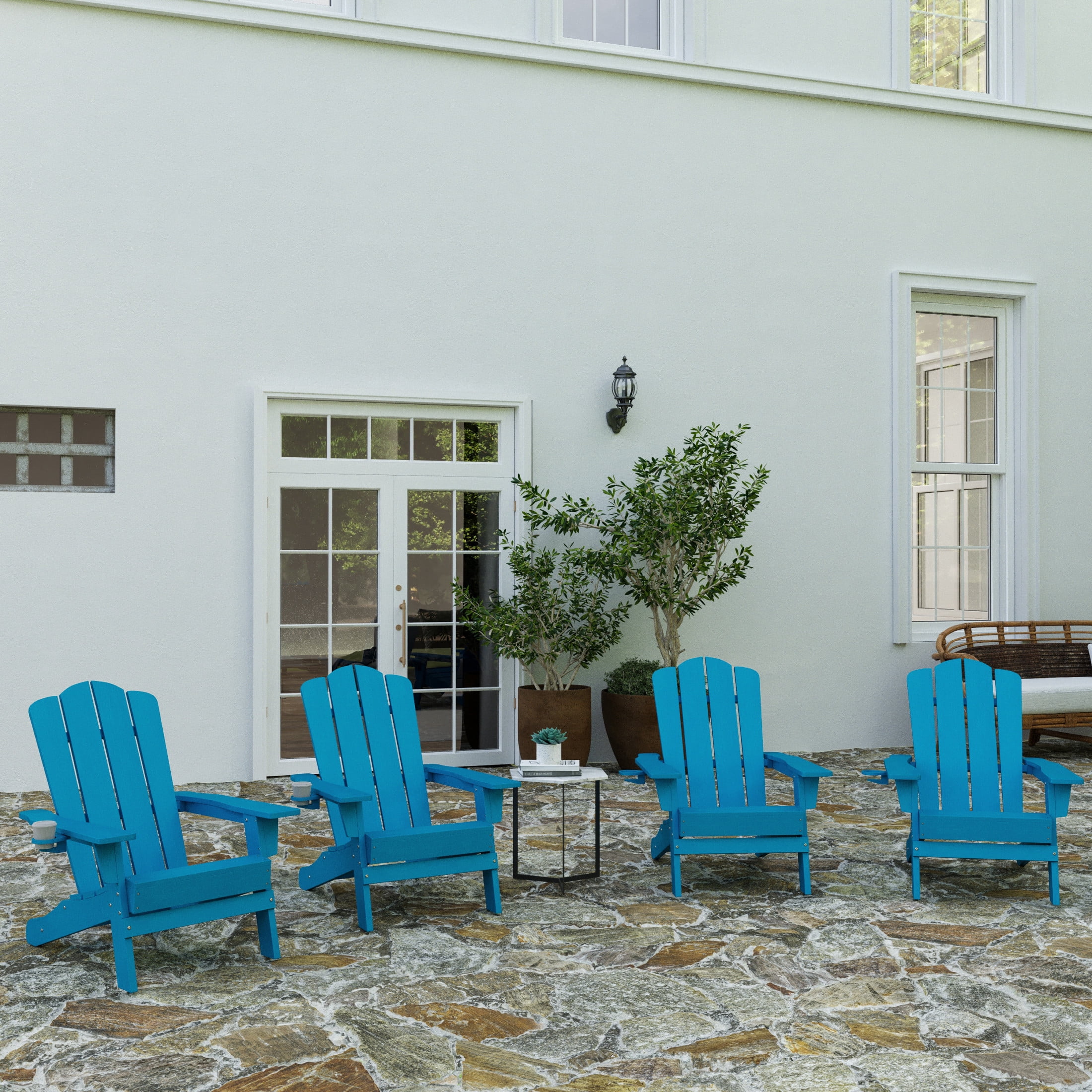Merrick Lane Adirondack Chair with Cup Holder, Weather Resistant HDPE Adirondack Chair in Blue, Set of 4