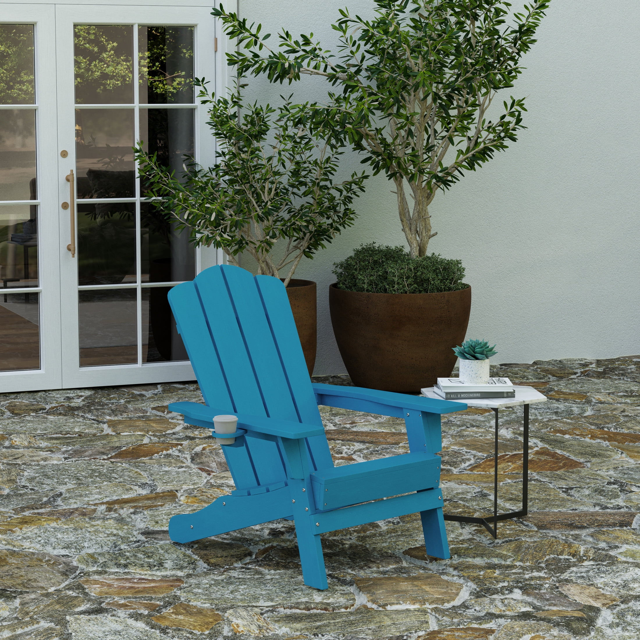 Merrick Lane Adirondack Chair with Cup Holder, Weather Resistant HDPE Adirondack Chair in Blue