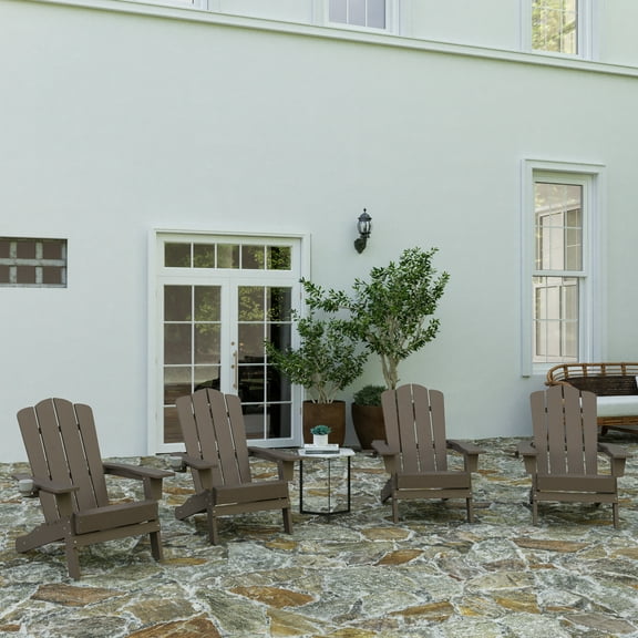 Merrick Lane Adirondack Chair with Cup Holder, Weather Resistant HDPE Adirondack Chair in Brown, Set of 4