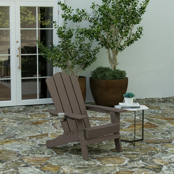 Merrick Lane Adirondack Chair with Cup Holder, Weather Resistant HDPE Adirondack Chair in Brown