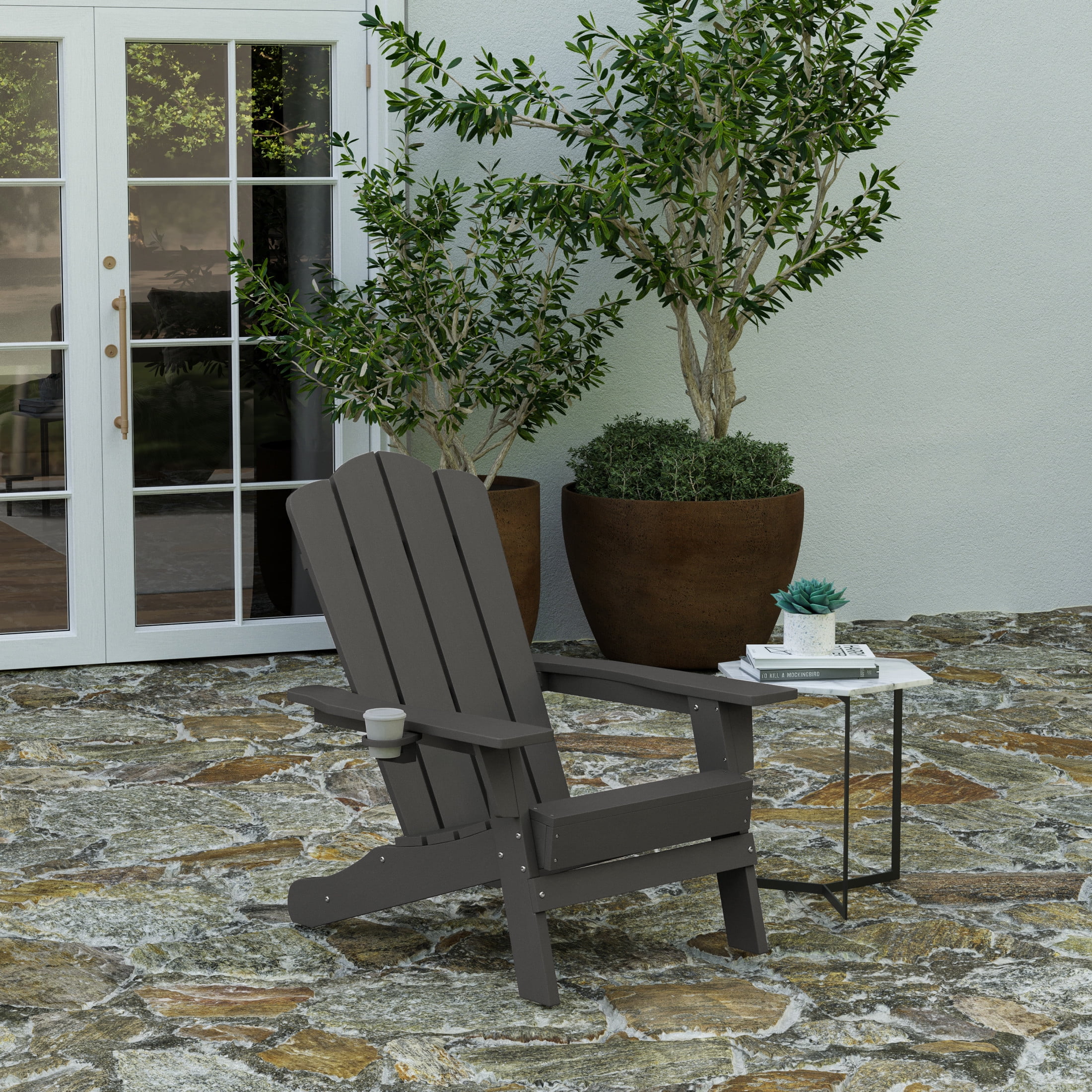 Merrick Lane Adirondack Chair with Cup Holder, Weather Resistant HDPE Adirondack Chair in Gray