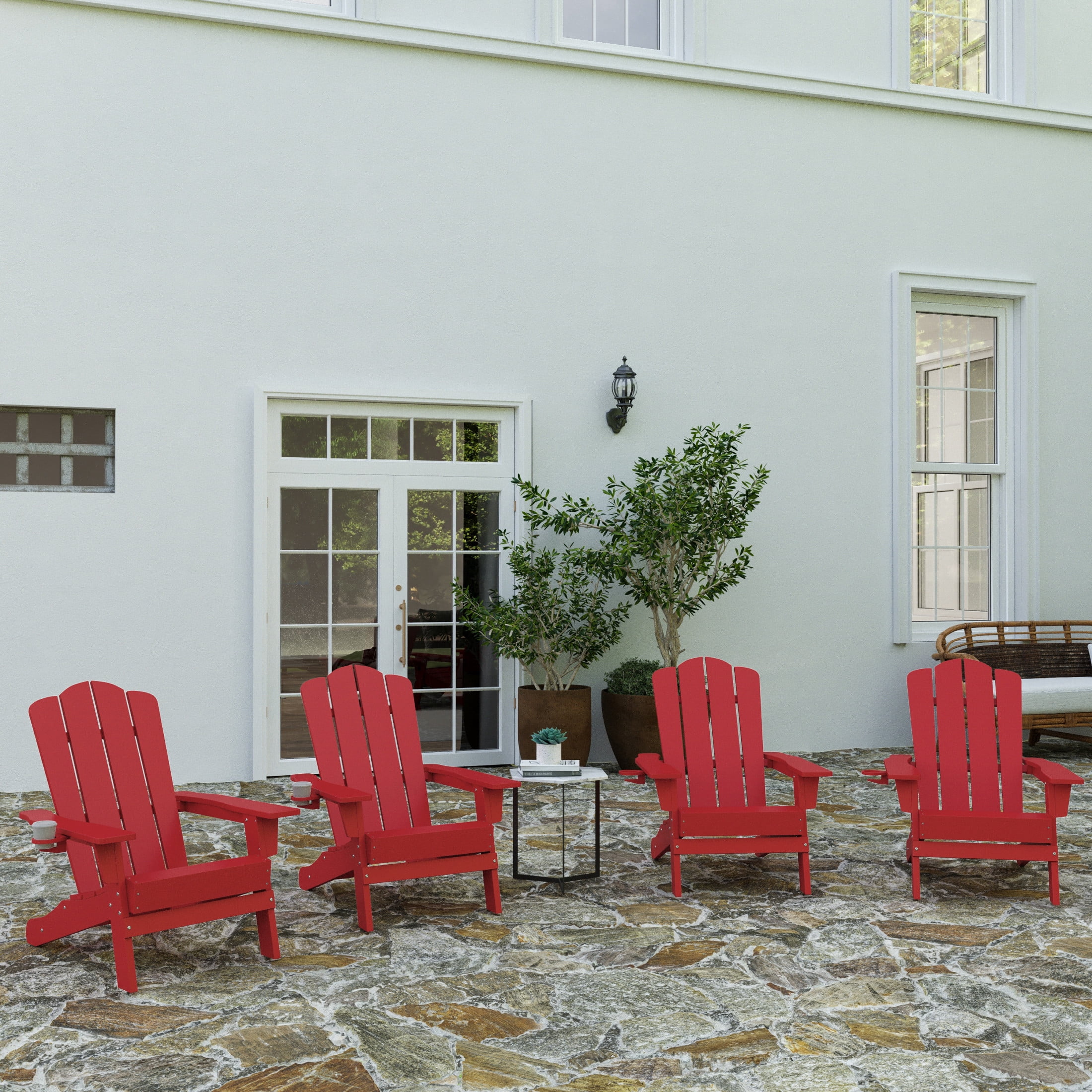 Merrick Lane Adirondack Chair with Cup Holder, Weather Resistant HDPE Adirondack Chair in Red, Set of 4