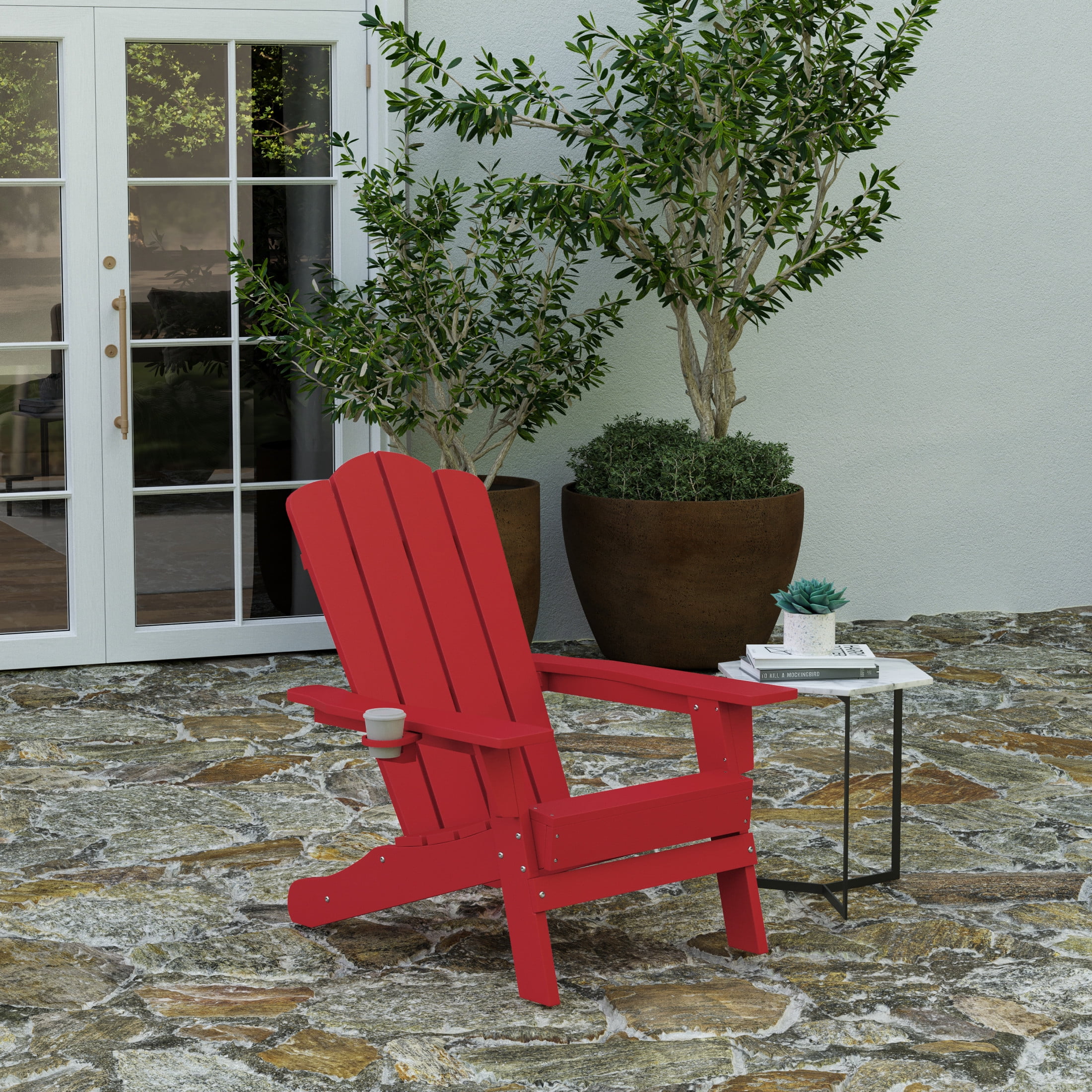 Merrick Lane Adirondack Chair with Cup Holder, Weather Resistant HDPE Adirondack Chair in Red