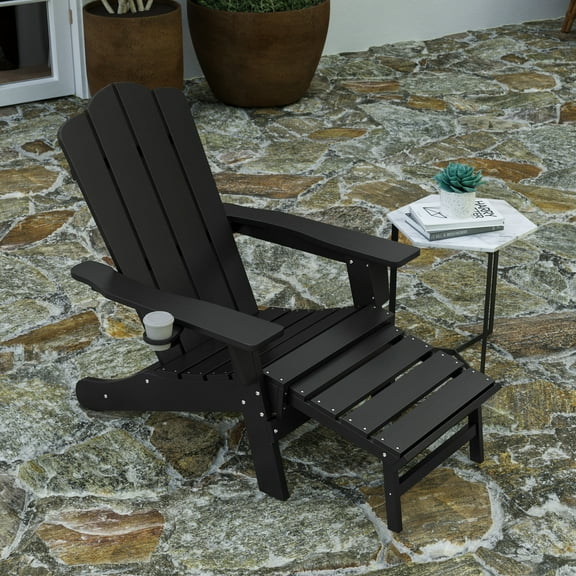 Merrick Lane Adirondack Chair with Cup Holder and Pull Out Ottoman, All-Weather HDPE Indoor/Outdoor Lounge Chair in Black