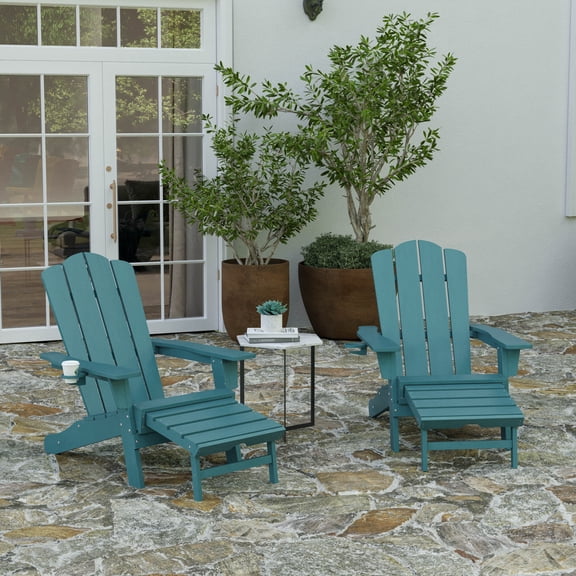 Merrick Lane Adirondack Chair with Cup Holder and Pull Out Ottoman, All-Weather HDPE Indoor/Outdoor Lounge Chair in Blue, Set of 2