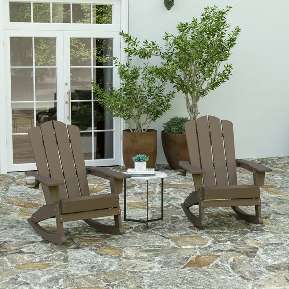 Merrick Lane Adirondack Chair with Cup Holder and Pull Out Ottoman, All-Weather HDPE Indoor/Outdoor Lounge Chair in Brown, Set of 2