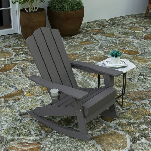 Merrick Lane Adirondack Rocking Chair with Cup Holder, Weather Resistant HDPE Adirondack Rocking Chair in Gray