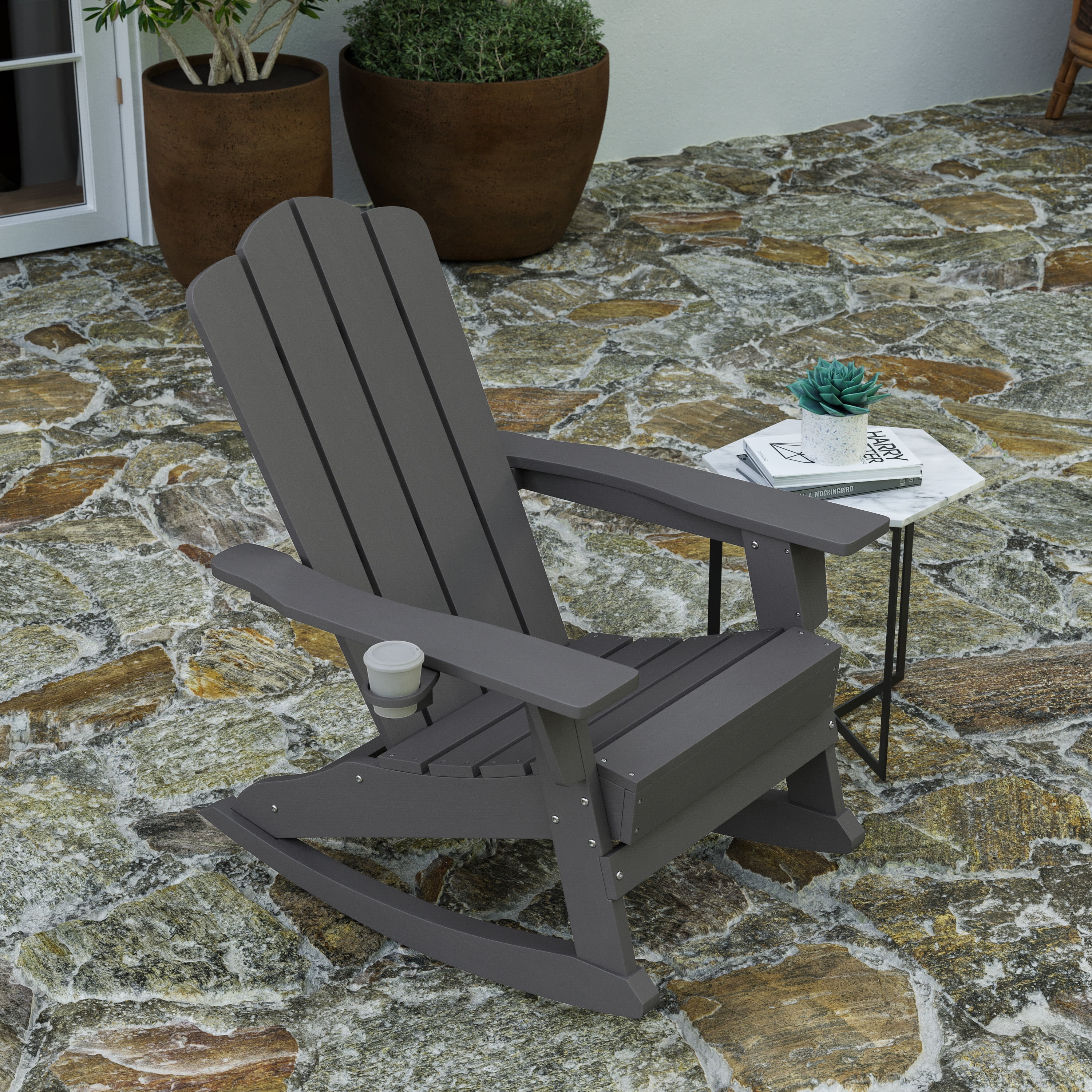Merrick Lane Adirondack Rocking Chair with Cup Holder Weather Resistant HDPE Adirondack Rocking Chair in Gray