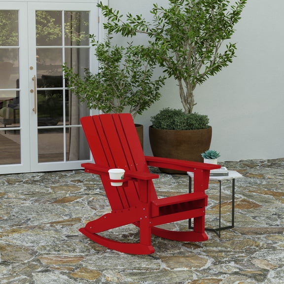Merrick Lane Adirondack Rocking Chair with Cup Holder, Weather Resistant HDPE Adirondack Rocking Chair in Red