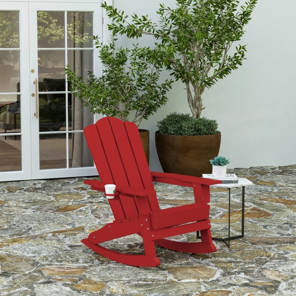 Merrick Lane Adirondack Rocking Chair with Cup Holder, Weather Resistant HDPE Adirondack Rocking Chair in Red
