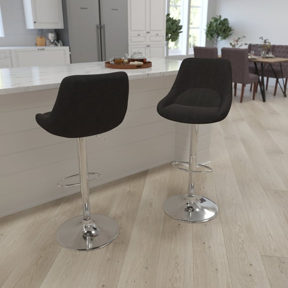 Merrick Lane Adjustable Height Barstool Contemporary Black Fabric Barstool with Support Pillow and Chrome Base with Footrest