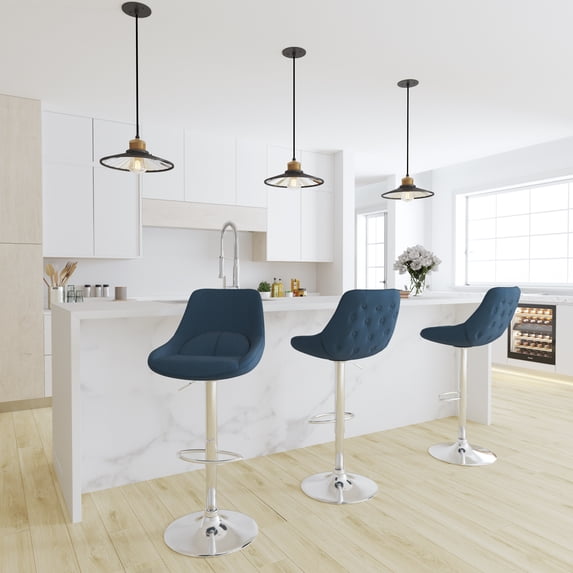 Merrick Lane Adjustable Height Barstool Contemporary Blue Fabric Chrome Base with Footrest