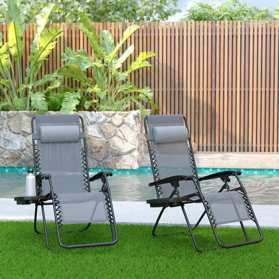 Merrick Lane Adjustable Zero-Gravity Chairs with Removable Pillow and Cupholder Tray - Set of 2 Gray