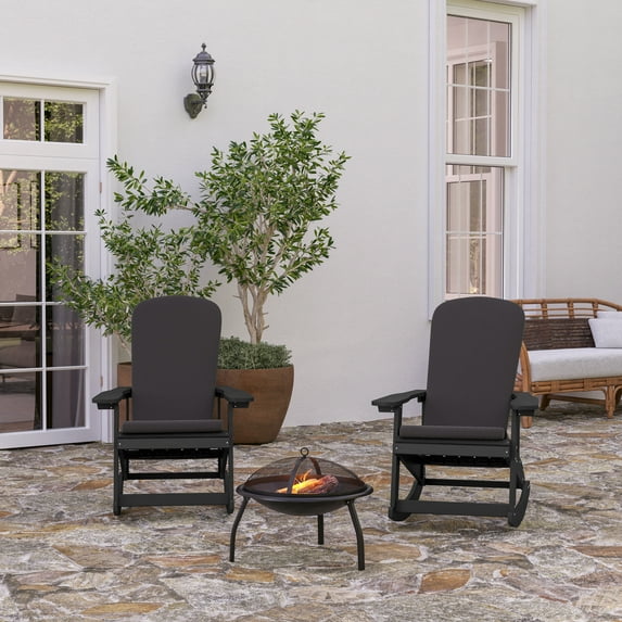 Merrick Lane All-Weather Black Polyresin Adirondack Rocking Chair with Vertical Slats and Gray Weather Resistant Cushions