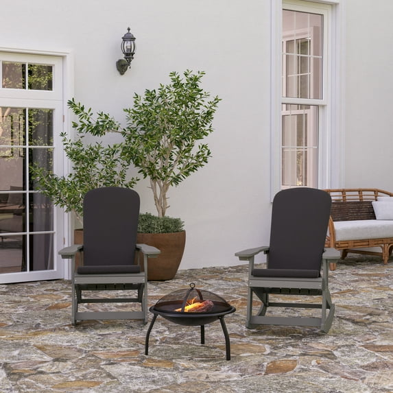 Merrick Lane All-Weather Gray Polyresin Adirondack Rocking Chair with Vertical Slats and Gray Weather Resistant Cushions