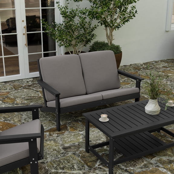 Merrick Lane All-Weather Poly Resin Wood Adirondack Style Deep Seat Patio Loveseat with Cushions, Black/Charcoal