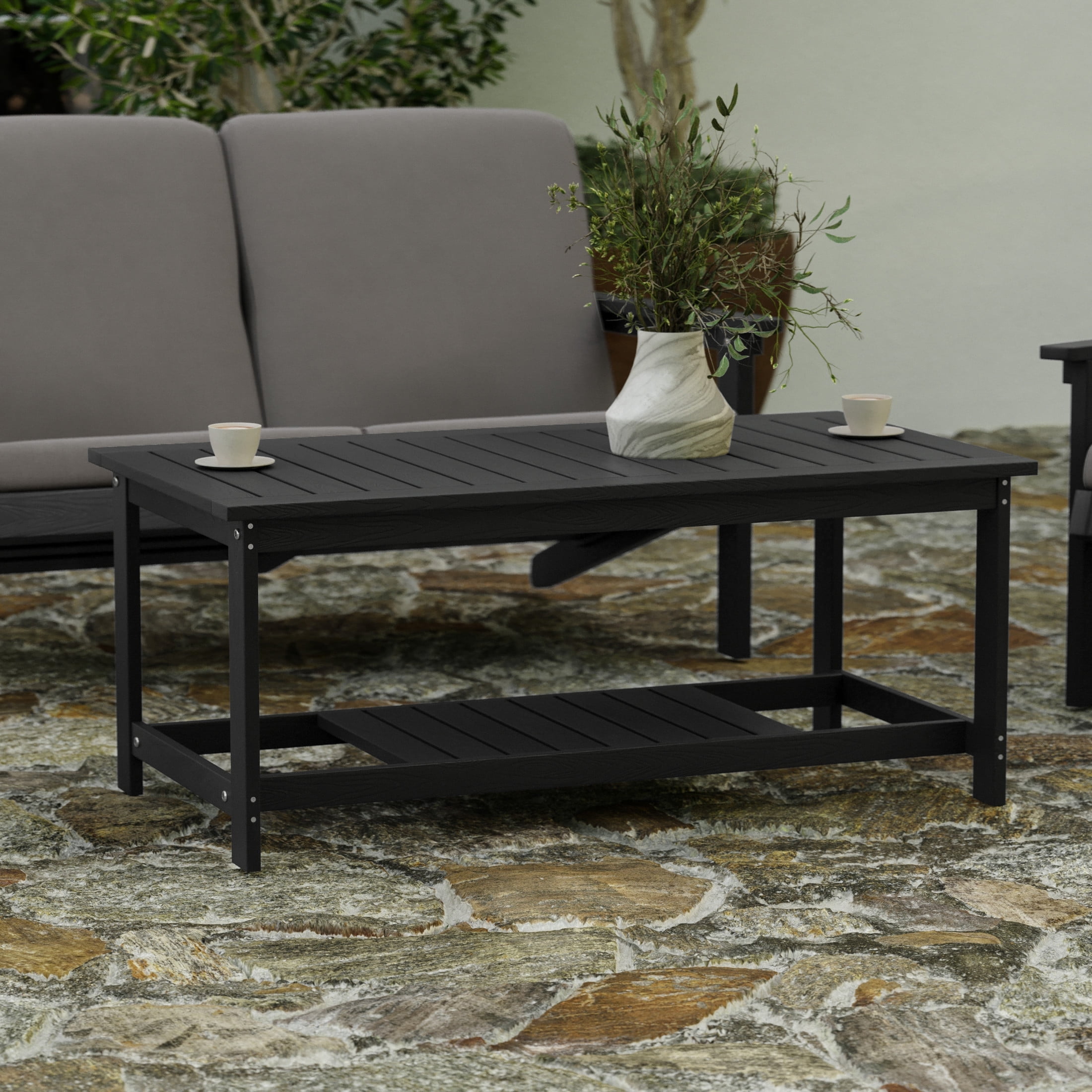 Merrick Lane All-Weather Poly Resin Wood Two Tiered Adirondack Slatted Coffee Conversation Table in Black