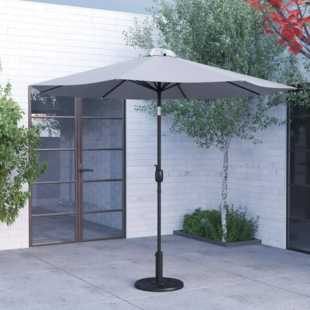Merrick Lane Bali Patio Umbrella with Base - 9' Gray Polyester Patio Umbrella - 30+ UV Protection - Waterproof Black Cement Base with 1.5" Diameter Aluminum Pole