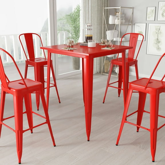 Merrick Lane Bar Height Patio Dining Table with Red Metal Frame and 31.5" Square Top