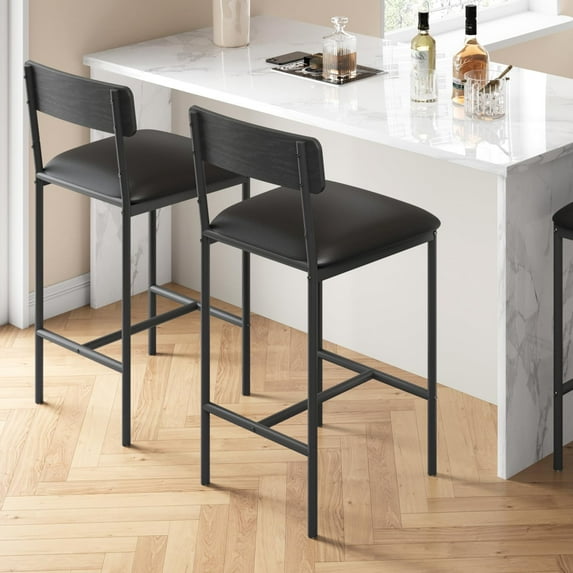 Merrick Lane Bar Stools Contoured Back Armless Steel Frame, Gray Faux Linen (Set of 2)