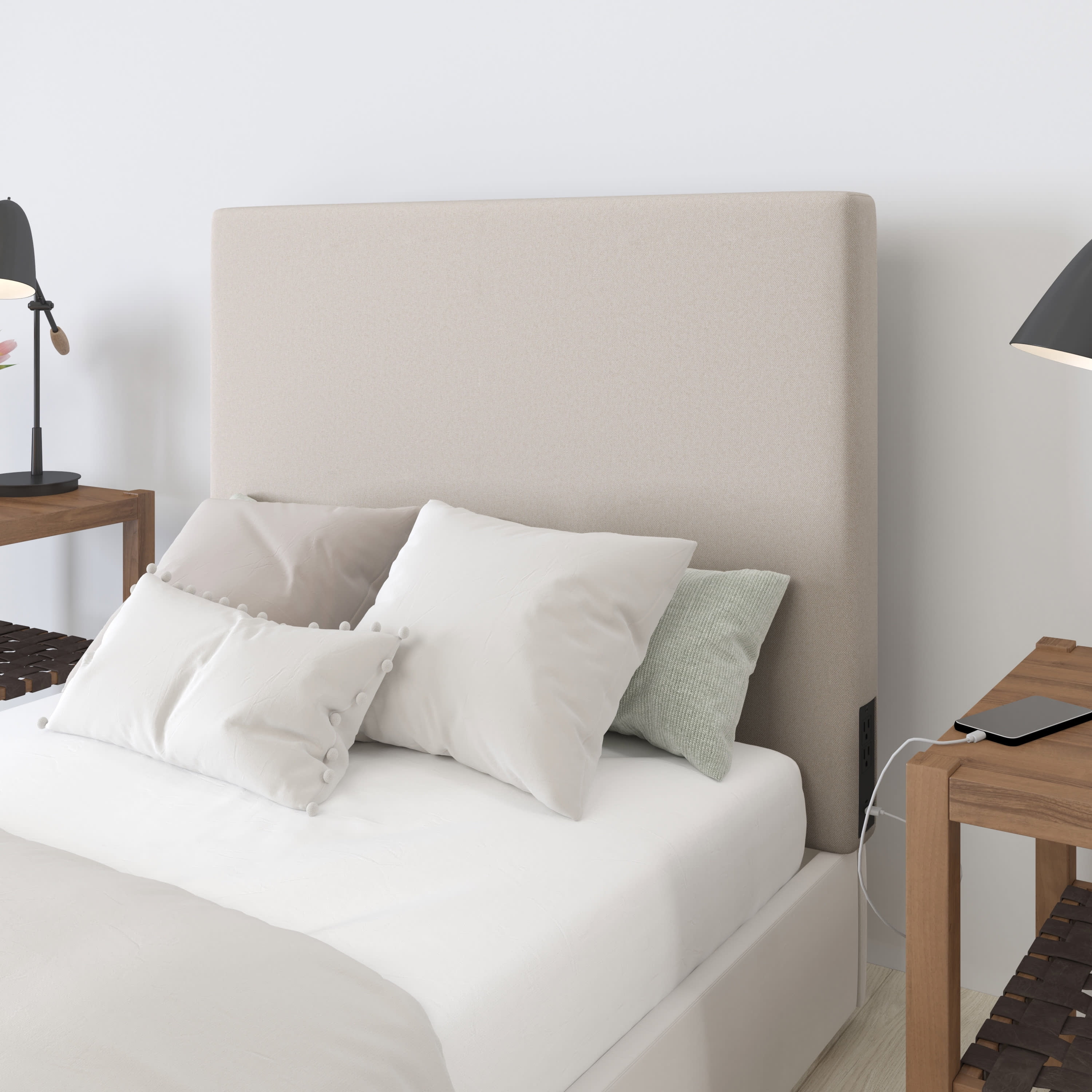 Merrick Lane Beige Faux Linen Twin Headboard with Stylish Upholstery, Dual Hanging Options, Charging Station with 2 Outlets, USB Port, USB-C Port