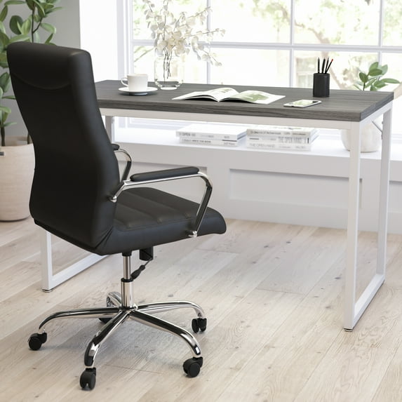 Merrick Lane Berlin 47 Inch Computer Desk with Gray Wood Grain Finish & Open White Metal Frame