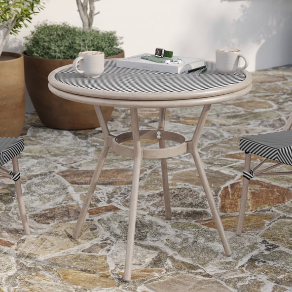 Merrick Lane Bistro Style Table with Tempered Glass Top, Black & White Textilene, and Light Bamboo Finished Metal Frame for Indoor/Outdoor Use