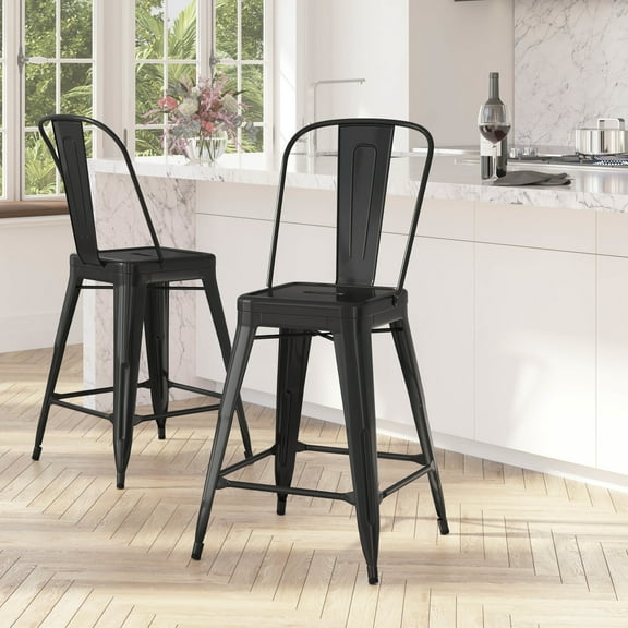 Merrick Lane Black 24" High Metal Counter Height Stool with Removable Back for Indoor-Outdoor Use