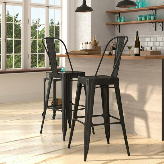 Merrick Lane Black 30" High Metal Bar Height Stool with Removable Back for Indoor-Outdoor Use