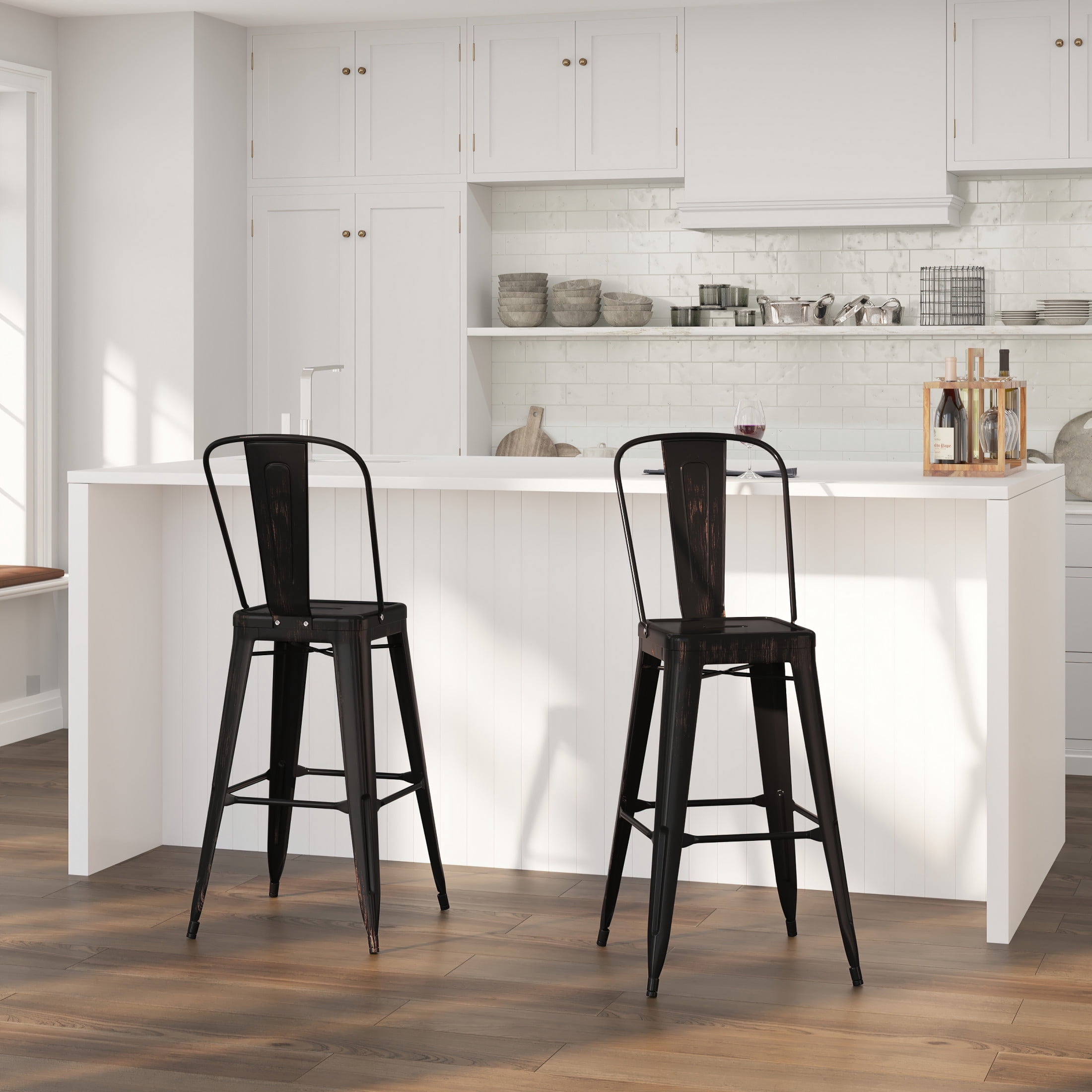 Merrick Lane Black-Antique Gold 30" High Metal Bar Height Stool with Removable Back for Indoor-Outdoor Use