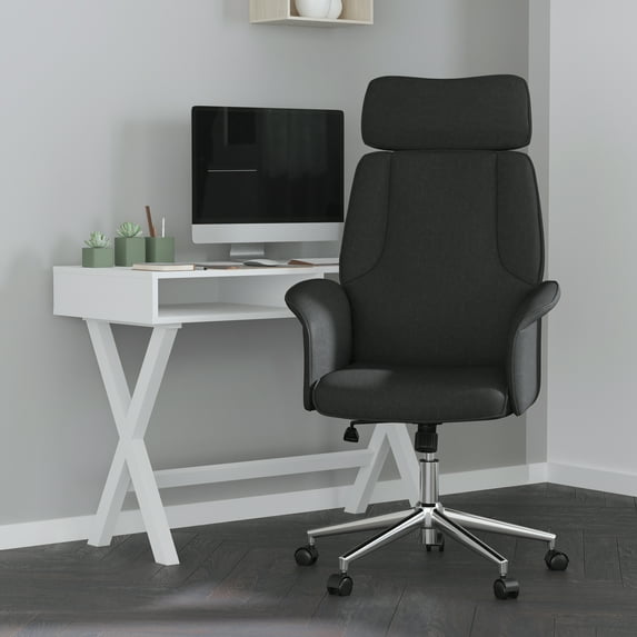 Merrick Lane Black Fabric Upholstered Ergonomic Office Chair with Built-In Lumbar Support, Headrest and Waterfall Edge Seat