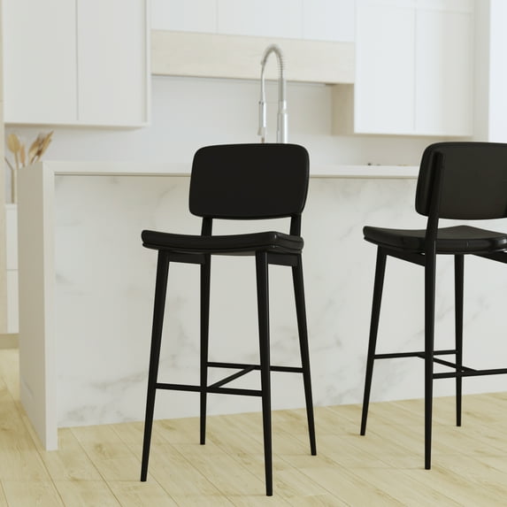 Merrick Lane Black Faux Leather Barstools Contemporary Black Metal Frame Stools with Integrated Footrest - Set of 2