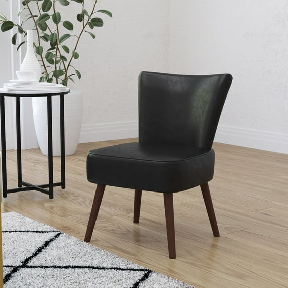 Merrick Lane Black Faux Leather Mid-Back Retro Accent Side Chair with Flared Wooden Legs