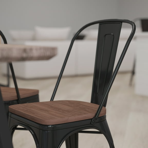 Merrick Lane Black Metal Dining Chair With Curved Vertical Slatted Back And Textured Wood Seat