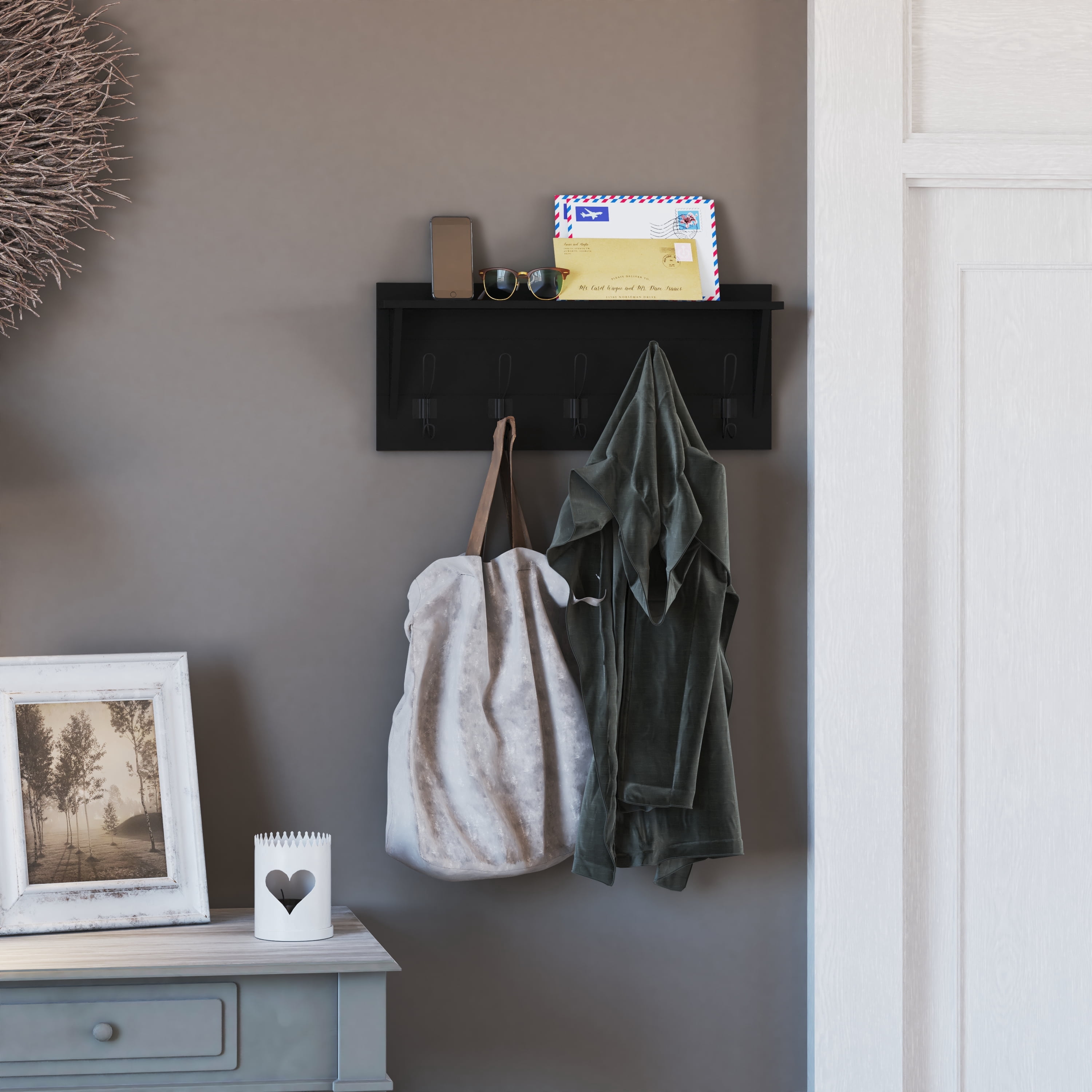 Merrick Lane Black Pine Wood 24 Inch Wall Mount Storage Rack with 5 ...