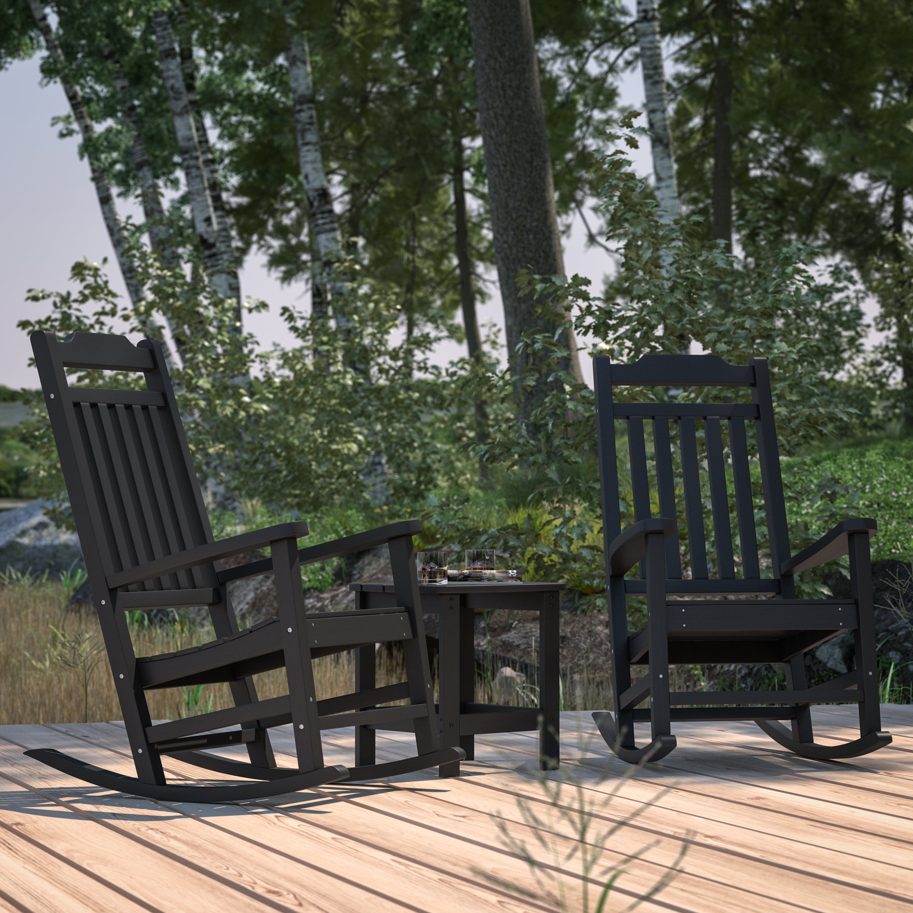 Side Rocking Chair Merrick Lane Black Poly Resin Indoor/Outdoor Rocking Chair with Side ...