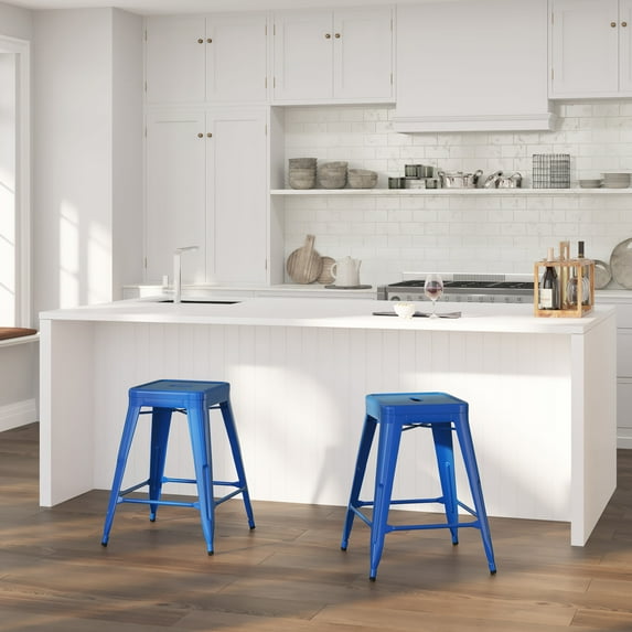 Merrick Lane Blue 24" High Backless Metal Counter Height Stool with Square Seat for Indoor-Outdoor Use