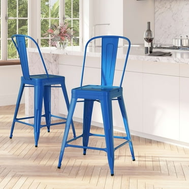 Merrick Lane Blue 24" High Metal Counter Height Stool with Removable Back for Indoor-Outdoor Use