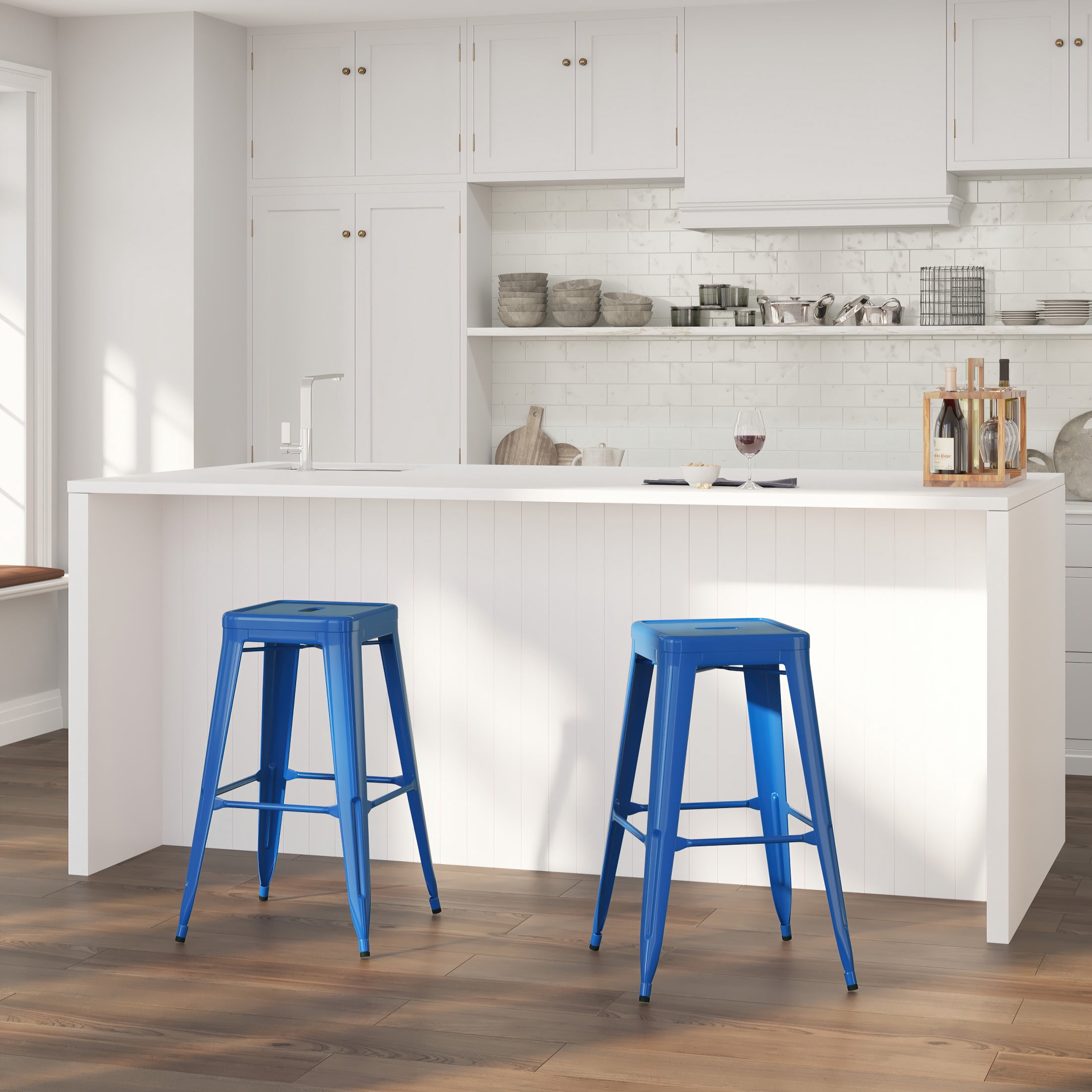 Merrick Lane Blue 30" High Backless Metal Bar Height Stool with Square Seat for Indoor-Outdoor Use